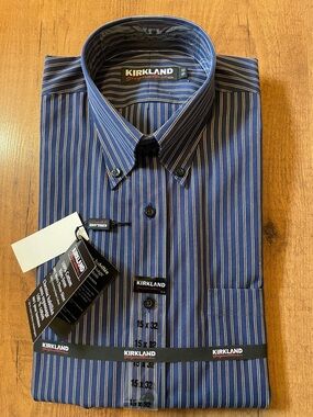 Kirkland Signature Navy Blue Pinstripe Button-Down Dress Shirt